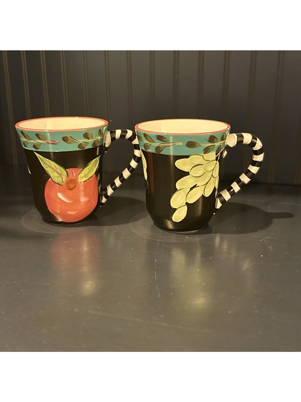 Droll Designs Coffee Cups / Mugs Red Apple / Grapes Hand Painted USA Lot Of 2